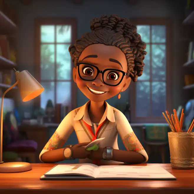 cartoon of a female teacher happily smiling while working at night