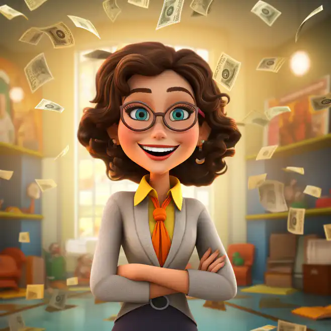 cartoon happy aba therapist smiling while pile of papers rain on her background