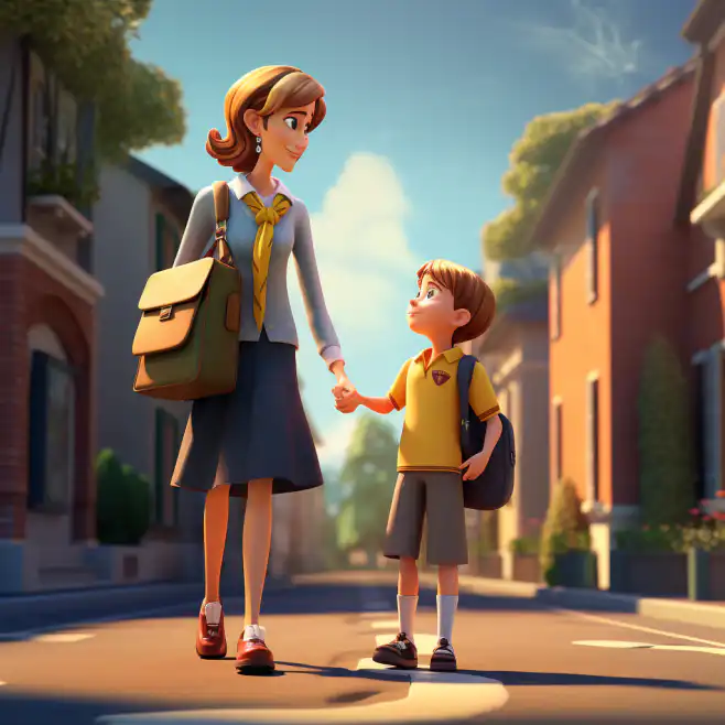 cartoon mother taking her son to school